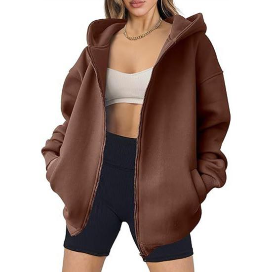 Осень-зима Женское пальто с капюшоном на молнии Однотонный толстый кардиган с карманами Свободный кардиган средней длины для активного отдыха Путешествия Шоппинг Спортивная толстовка с капюшоном