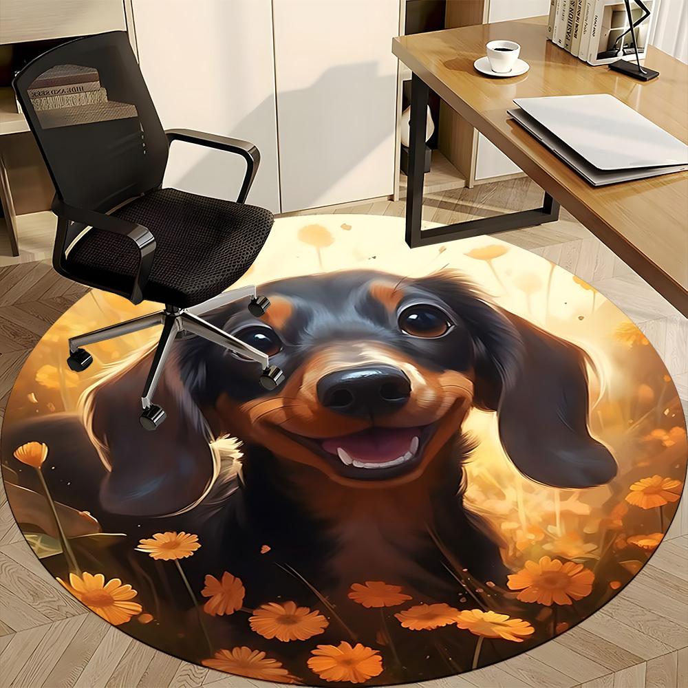 1pc Dachshund, Yellow Flowers Carpet for Office Non-Slip, Round Carpet, Soft & Comfortable, Carpet for Office, Round Floor Mat yy251225143