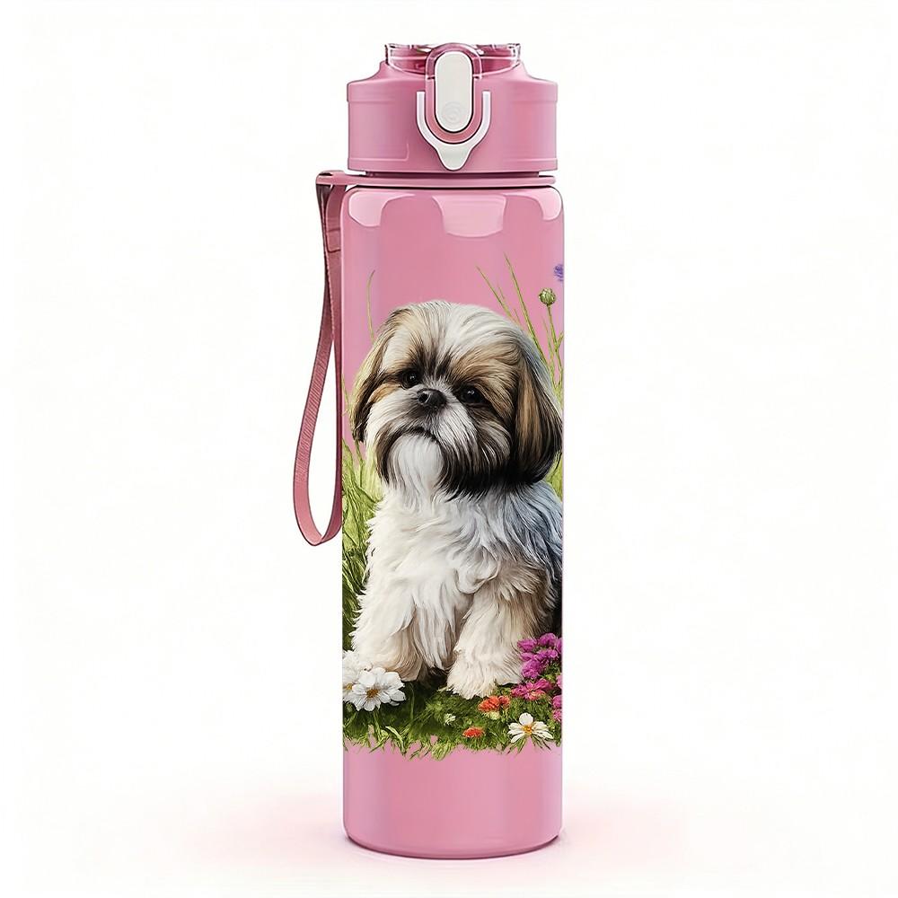 1PC Fluffy Puppy Dog Floral Surround Print 750ml Color Plastic Sports Water Bottle Leakproof Flip Straw Lid Suitable for Sports Office Home Use