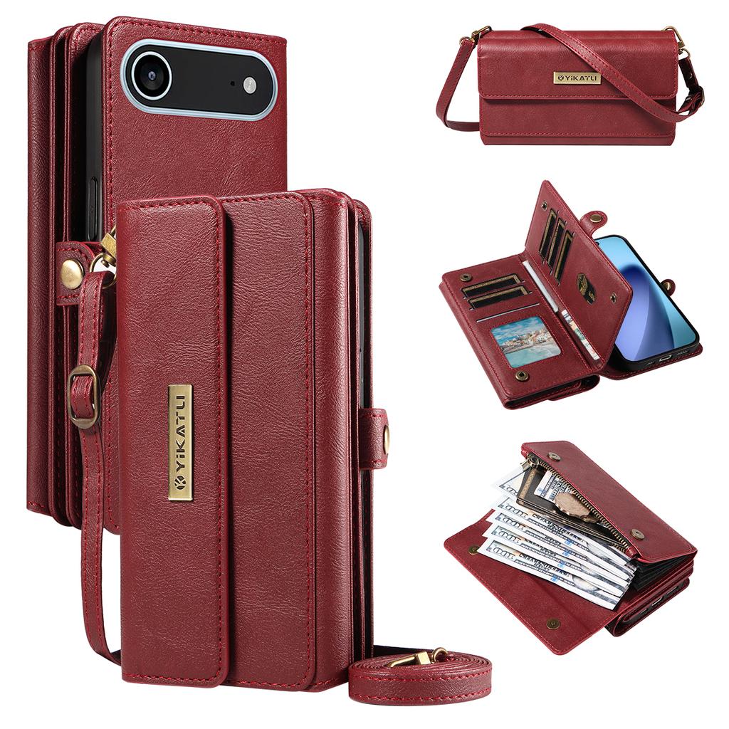 For iPhone 17 Air Case YIKATU YK-008 Zipper Wallet Leather Phone Cover with Shoulder Strap