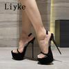 Fashion Liyke Model Catwalk Extreme High Heels Sexy 16 CM Transparent Sandal Women Snake Print Open Toe Slip-On Back Strap Platform Shoe
