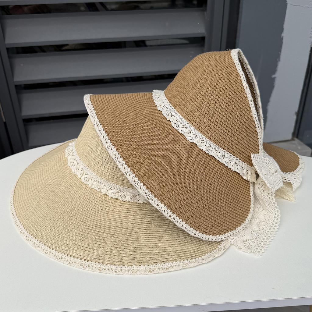 Lace Ribbon Bow Empty Top Hat Women's Summer Big Eaves Straw Sun Hat Sunscreen Resort Beach Straw Hat