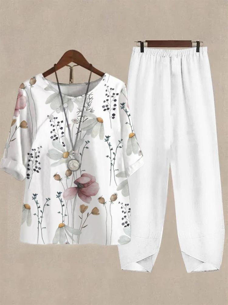 1116 New Women's Clothing Casual Crew Neck Five-Sleeve Top Digital Printing Women's Two-piece Set