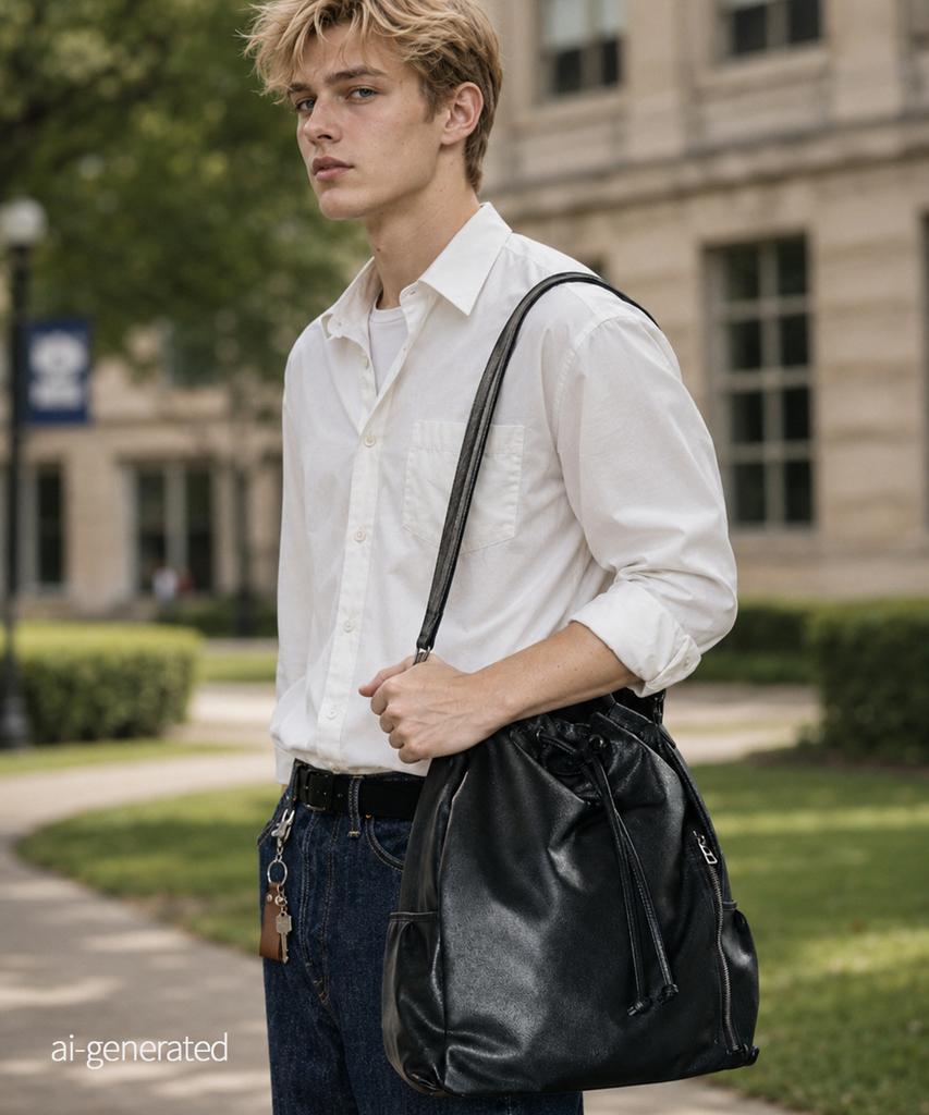 Bedford11Th 14-Inch Storage 3-Way Bucket Sling Backpack [Black Leather]