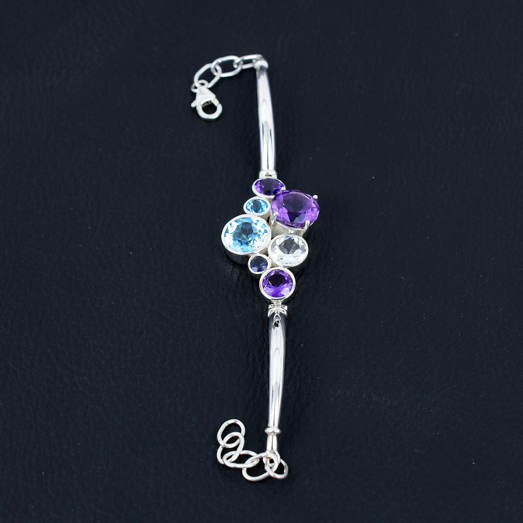 Браслет из драгоценных камней с натуральным аметистом и голубым топазом, серебро 925 пробы, браслет с шипами, ювелирные изделия ручной работы для женщин