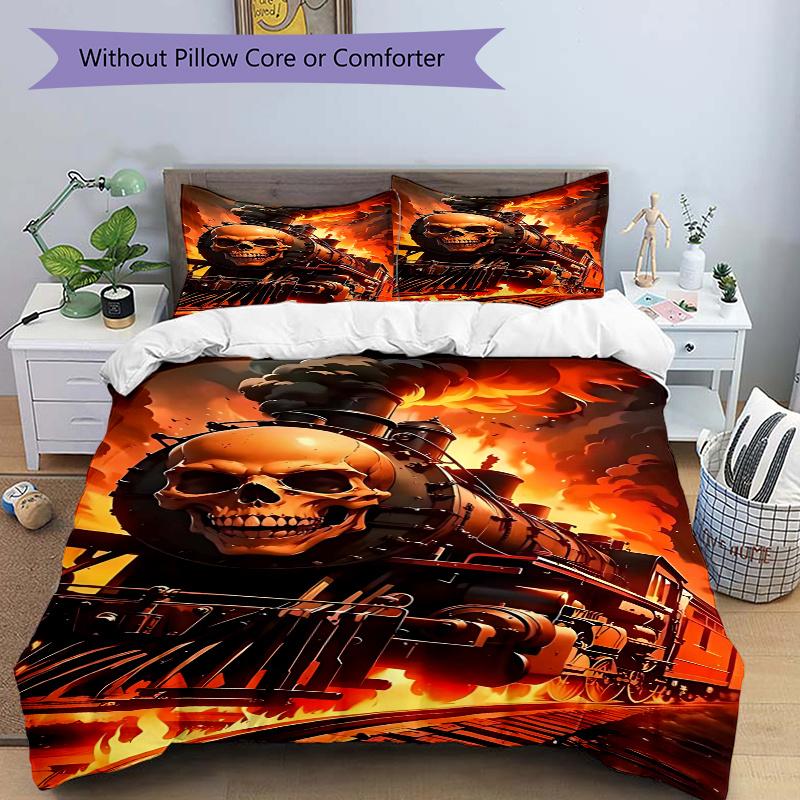 3pcs Skull Train Locomotive Comforter Set with One Quilt Cover and Two Pillowcases (No Core) - Anime Cartoon Design for Bedroom Decor.F064