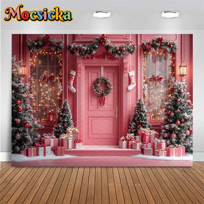 Mocsicka Pink Christmas Home Background Photography Gifts Snow Door Kid Xmas Tree Backdrop Party Shooting Room Decoration Studio