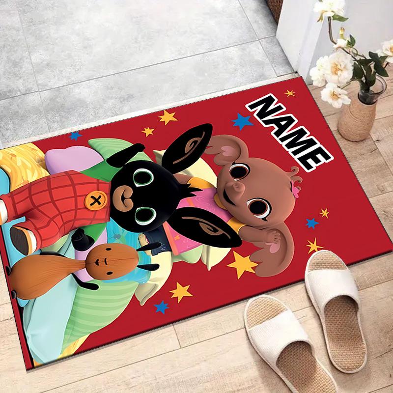 Custom Bing Bunny Mat Personalized Name, Polyester Washable Indoor Entryway Rug, Gift for Christmas, Easter, Thanksgiving Day