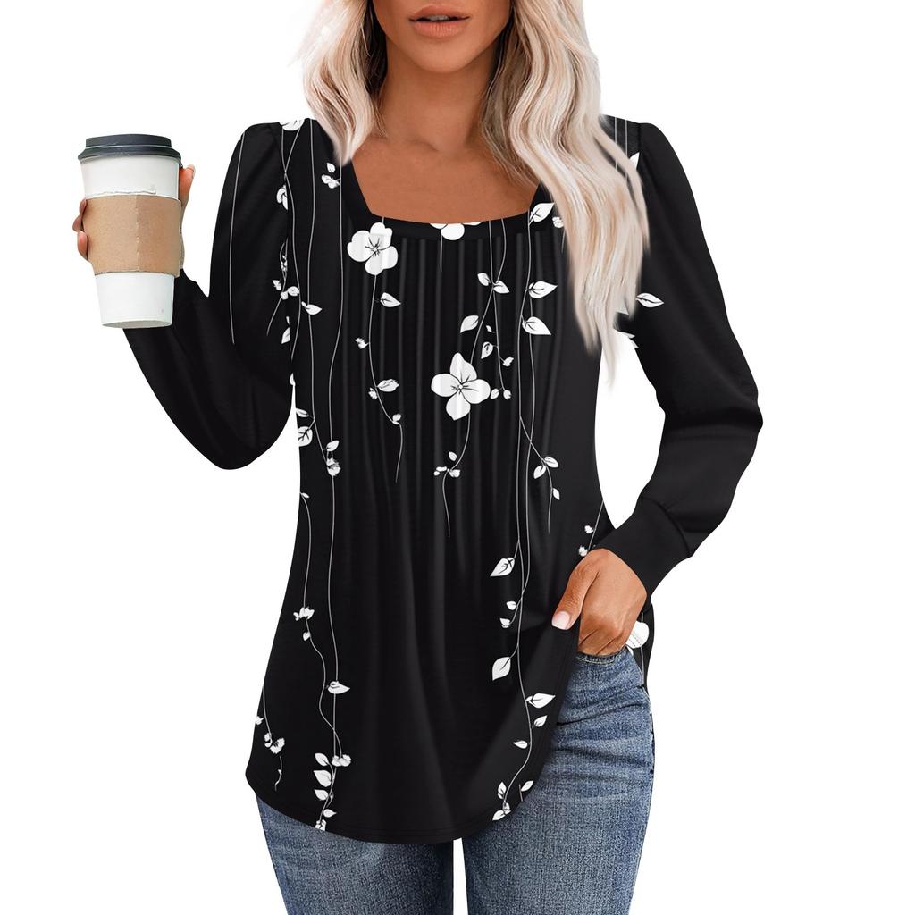 Рубашки с длинным рукавом для женщин, топы, нарядные повседневные блузки, плиссированные туники с квадратным вырезом