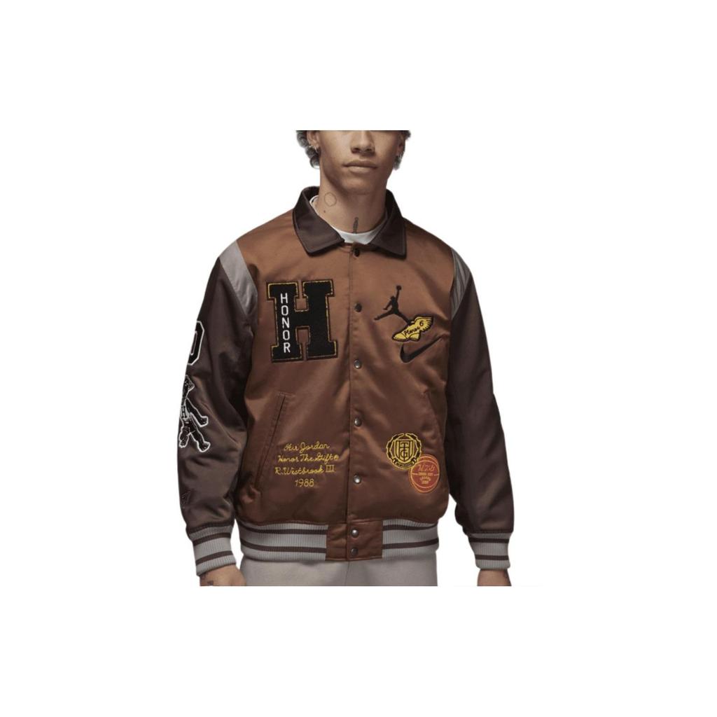 Jordan X HTG Embroidered Patch Baseball Collar Fitted Thick Sports Jacket Men Jackets Brown DX6244-204