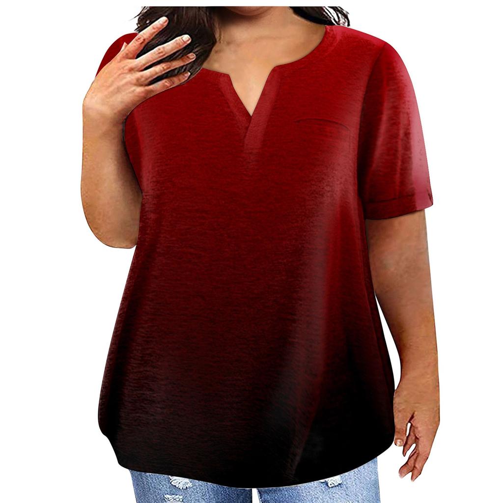 Fashion Plus Size Women's Casual Short Sleeve Round Neck Gradient Print T-shirt With Pockets
