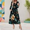 Women Plus Size Round Neck Long Sleeve Black Butterfly Printed Midi Dress With Pockets