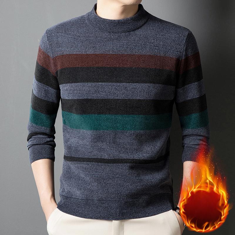 Зимний полосатый свитер с круглым вырезом для мужчин - повседневный свитер из смеси полиэстера, средней эластичности, с длинными рукавами и ребристой вязкой, теплый свитер стандартного кроя