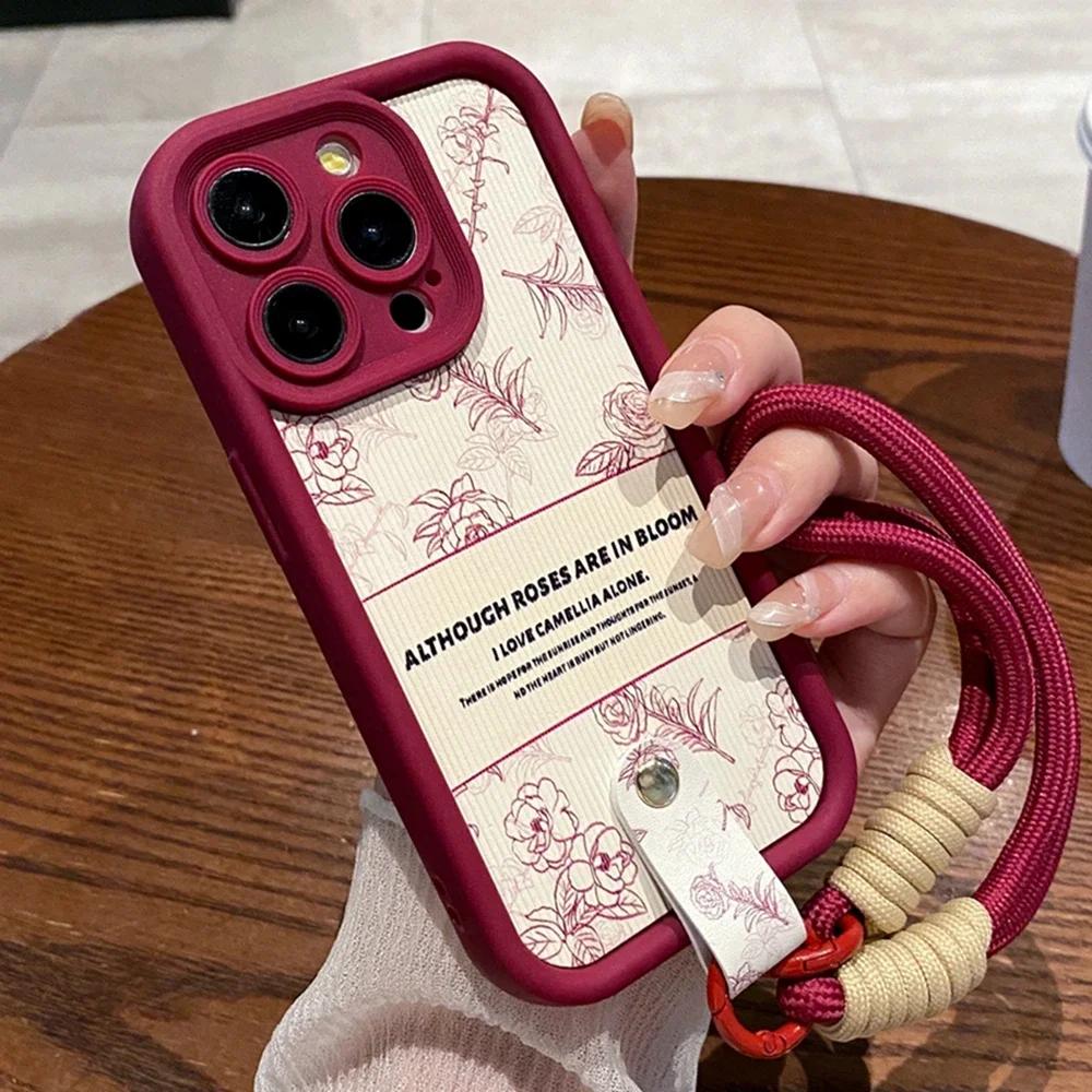 Роскошные чехлы для телефонов с ремешком на запястье 'Камелия' для iPhone 13 11 14 15 Plus 12 16 Pro Max X XR XS 15pro MAX Чехол Силиконовый чехол со шнурком