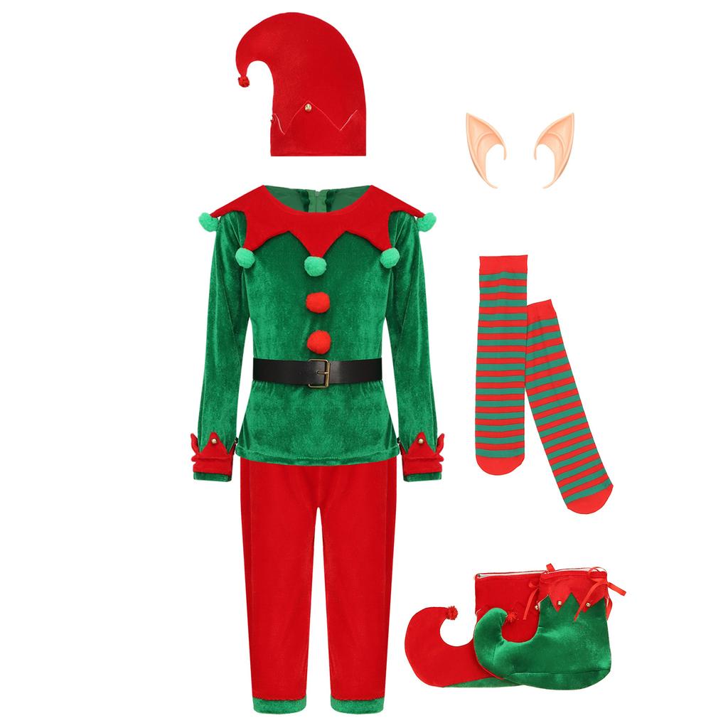 7 шт. Детский милый рождественский костюм эльфа для мальчиков, комплект из рубашки, брюк, шапки, силиконовых ушек эльфа, пояса, чулок и чехлов для обуви