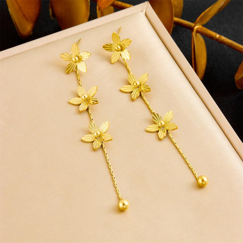 DIEYURO 316L Stainless Steel Golden Petals Flower Round Beads Tassel Earring For Women Fashion New Trend Ear Buckle Jewelry Gift