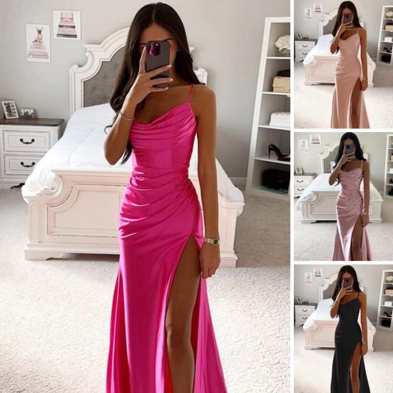 Женское вечернее платье с разрезом по бокам, плиссированное, с открытой спиной, облегающее платье макси на тонких бретельках, с глубоким вырезом, без рукавов, платье-комбинация А-силуэта для вечеринки