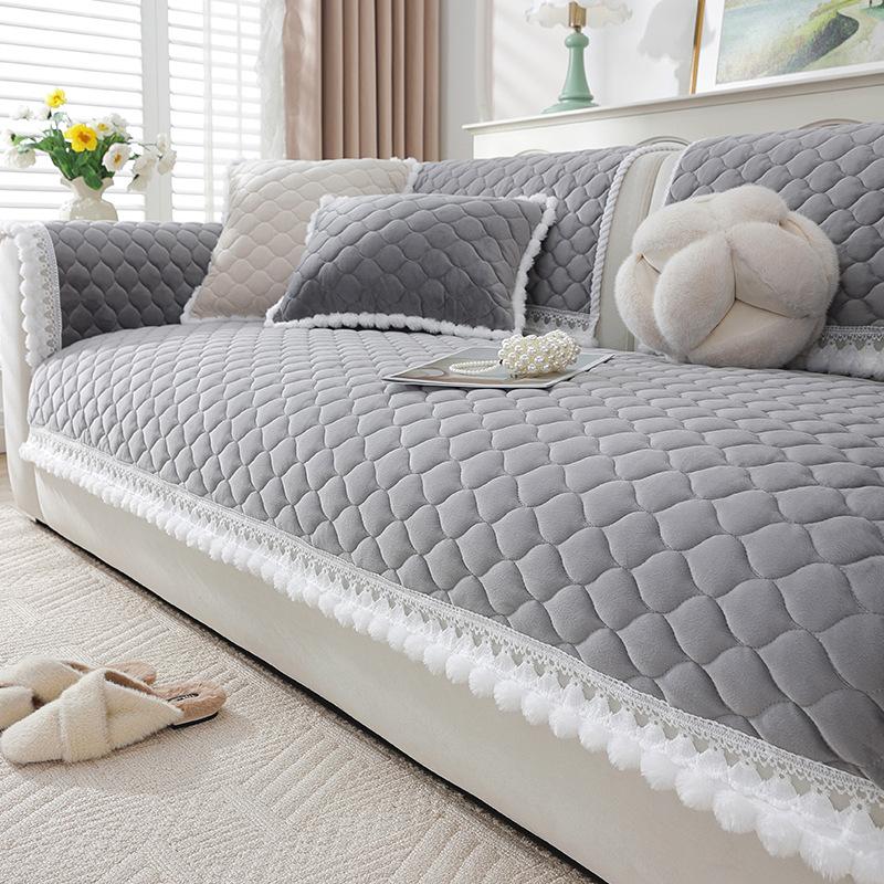 Cream Wind Crystal Fleece Sofa Cushion Winter New Thickened Plush Seat Cushion Living Room Non-Slip Sofa Cover