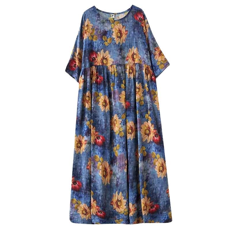 Женское платье свободного кроя из смесового льна - Свободный фасон с короткими рукавами