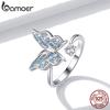 Bamoer Flying Butterfly Стерлинговое серебро 925 пробы Открытые регулируемые кольца на палец Синий CZ Обручальные украшения