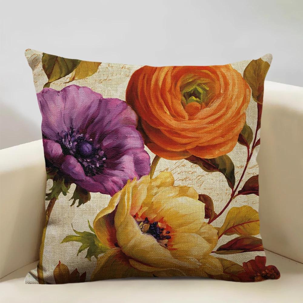 Чехол для подушки в стиле ретро 45x45 см, льняная наволочка для гостиной, декоративная наволочка с цветочным узором для сиденья автомобиля