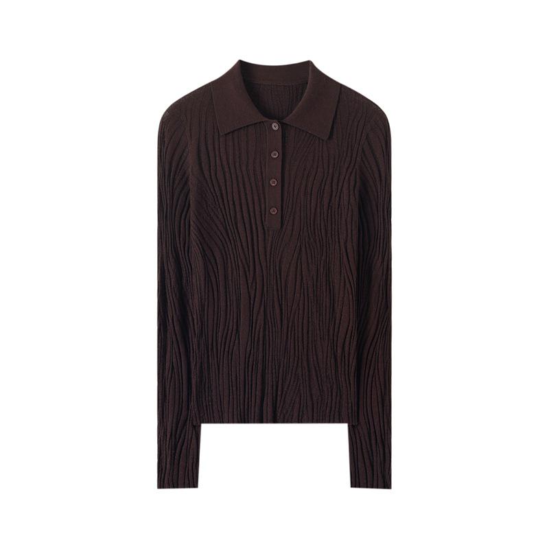 Women's 100% Wool Polo Collar Sweater with Gauze Wave Pattern - Spring/Autumn Pullover Base Layer