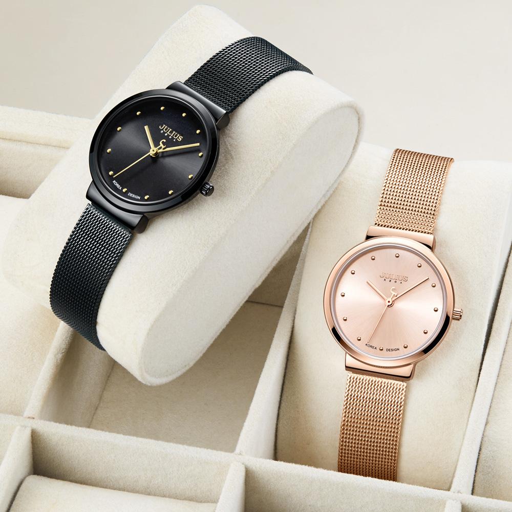 JULIUS Women's Ultra Thin Silver Gold Brown Black Mesh Stainless Steel Fashion Casual Watch Female Waterproof Wristwatch JA-426