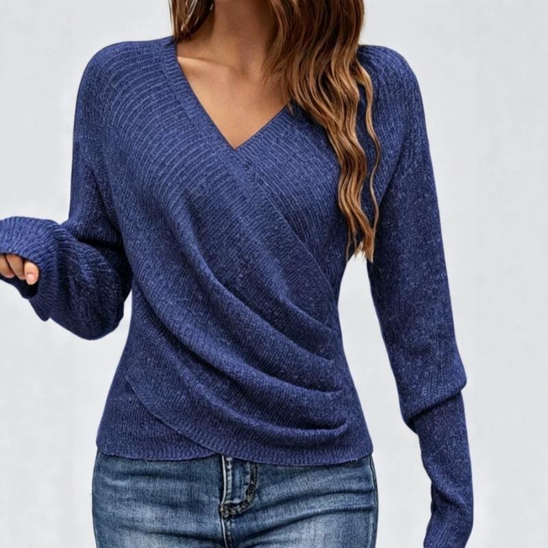 V Neck Long Sleeve Solid Knit Pullover Sweater