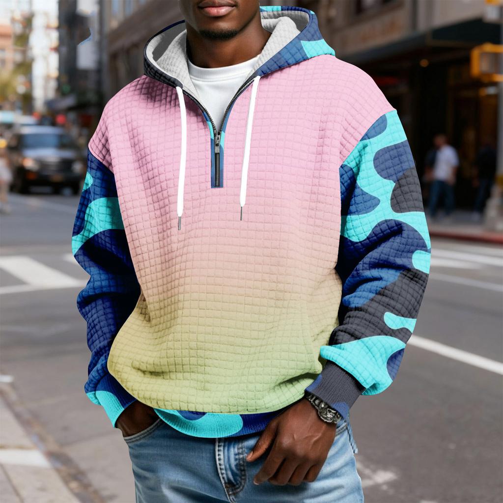 Мужской худи-пуловер в клетку с капюшоном на молнии до середины, со шнурком и принтом, повседневная спортивная толстовка