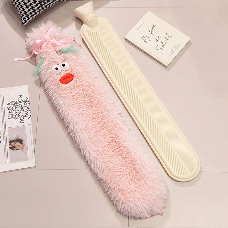 Cartoon Big-Eyed Ugly-Cute Warm Bed Water-Filled Hot Water Bottle, Large Long Strip Water-Filled Hot Water Bottle, Ugly-Cute Plush Cover Hot Water