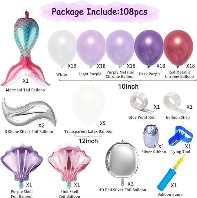 108 шт., воздушный шар в виде ракушки с хвостом русалки, гирлянда, арка, розовый, фиолетовый, латексный шар, детский душ для девочек, сувениры на первый день рождения, свадебный декор