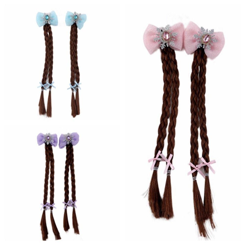 2pcs Snowflake Girls Braids Wig Synthetic Kids Ponytail Princess Cartoon Bow Ponytail  Daily
