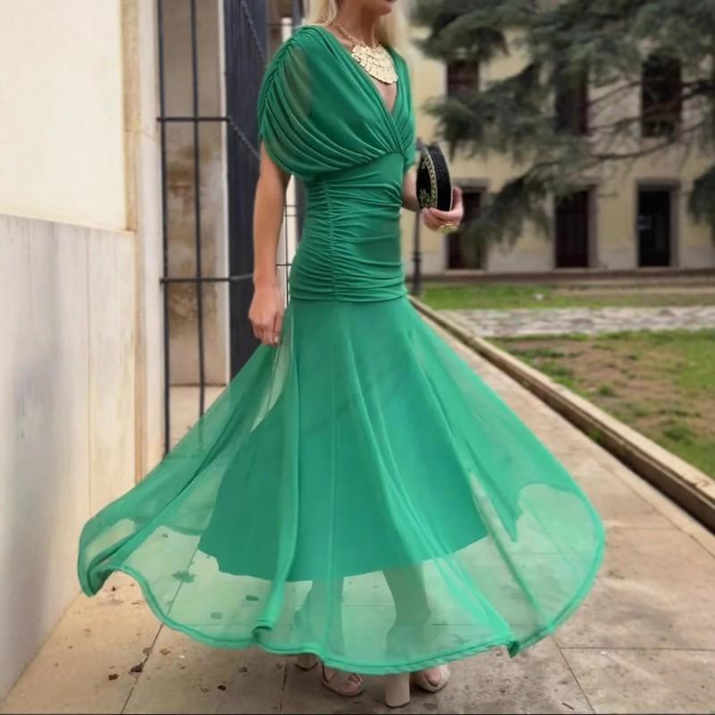 Elegant Solid Color Deep V Neck Mesh Dress Women High Waist Maxi