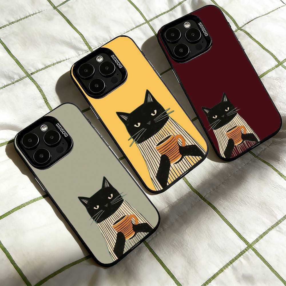 Чехол для телефона «Ленивый кот с кофе» для iPhone 17,16,15,14,13,12,11 Plus,Pro Max,XS, Цветной Серебристый Черный Чехол