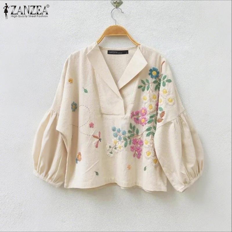ZANZEA Женская повседневная блузка с V-образным вырезом, свободного кроя, с длинным рукавом, с цветочным принтом