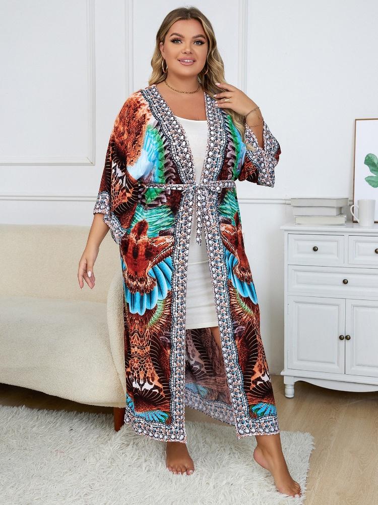EDOLYNSA Коричневое непринужденное кимоно-кардиган с принтом, женское пляжное накидка для пляжного отдыха, купальный костюм для вечеринки в стиле бохо, универсальная уютная легкая куртка Туника Q1512