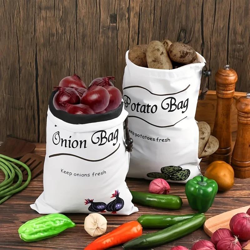 Potato Onion Storage Bag Keep Fresh Vegetable Fruit Organizer Drawstring Canvas Bags Reusable Sacks Holds Keeper Large Capacity