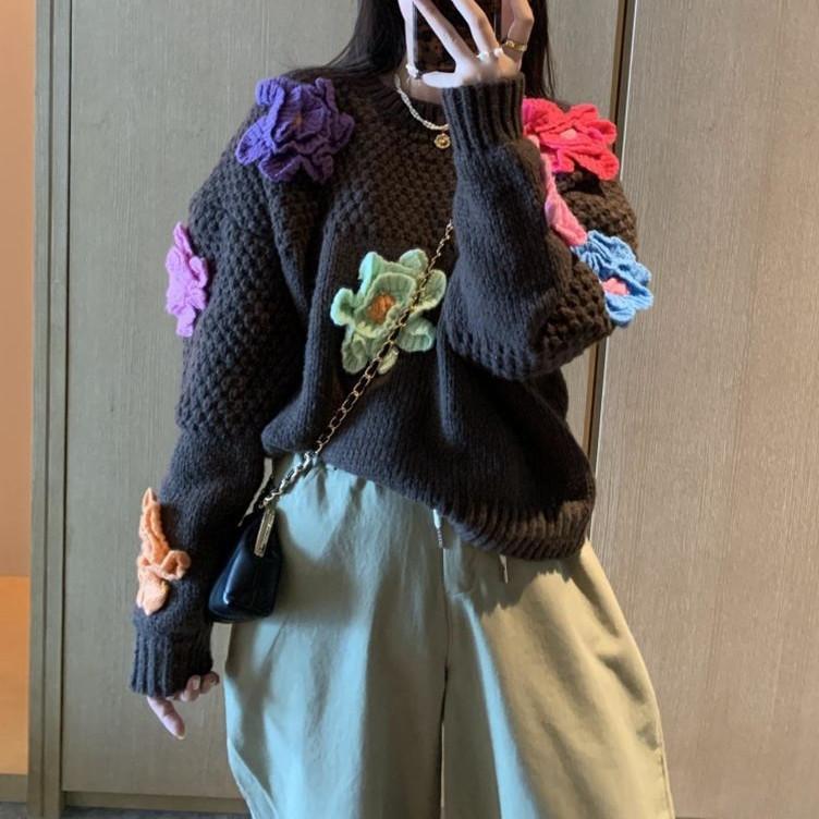 Новый трехмерный цветочный вязаный женский свитер для женщин, новый свободный, томный, ленивый, ветер, иностранный, сладкий, женский свитер