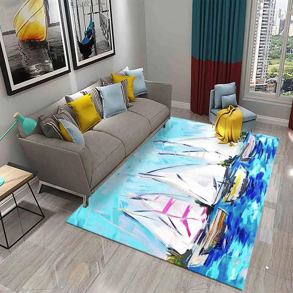 3D Oil Painting Sailboat Carpet Abstract Art Rugs for Living Room Bedroom Decor Mats Bathroom Kitchen Entrance Non-Slip Carpet