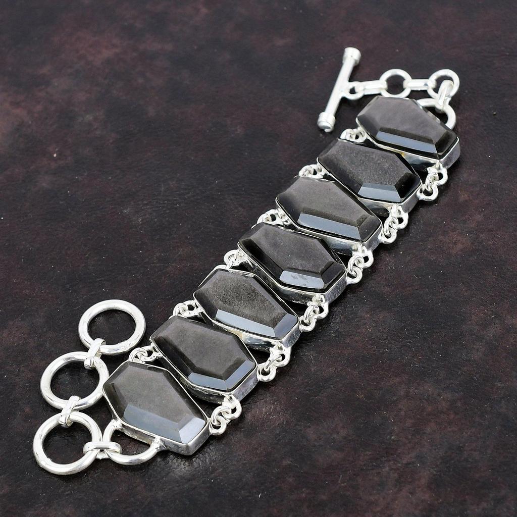 Браслет из граненого серебряного обсидиана с драгоценными камнями, браслет из стерлингового серебра 925 пробы, регулируемый браслет-цепочка, браслет ручной работы для подарков