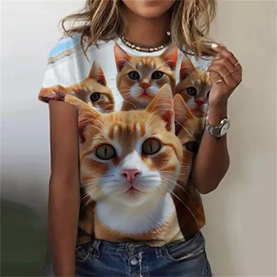 Модная женская футболка с 3D-печатью Кавайный рисунок кота, топ с коротким рукавом и круглым вырезом, летний повседневный уличный топ 4128 KTB