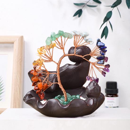 Waterfall Incense Burner Faux Crystal Stone Lucky Tree Resin Ornament Handicraft Incense Cone Holder for Room Home Zen Decoration Meditation