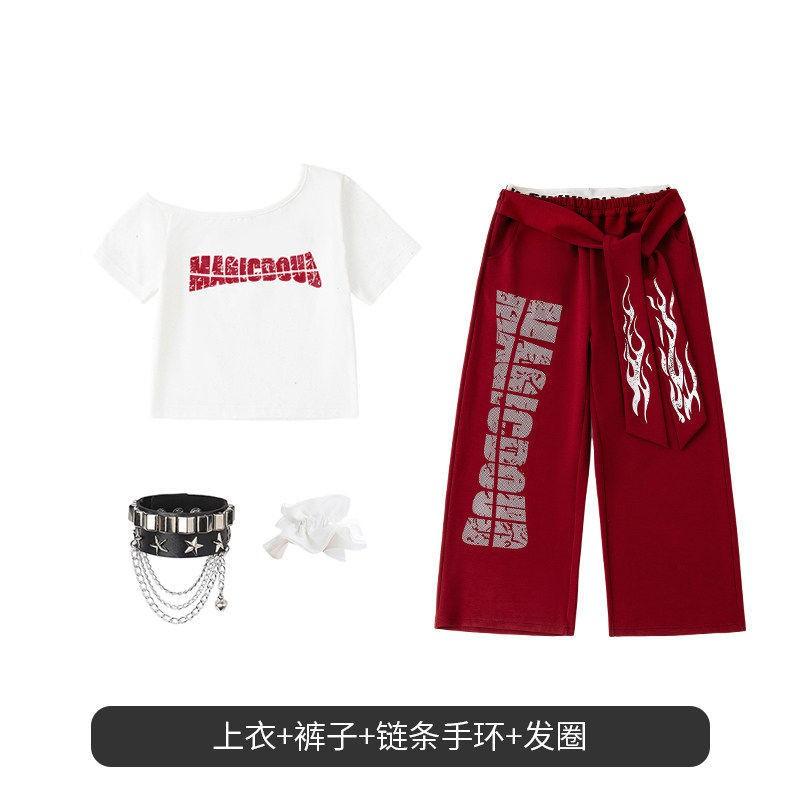 Girls Hip Hop Dance Outfit Jazz Performance Costume Short Sleeve Cropped Top Letter Print Pants Set