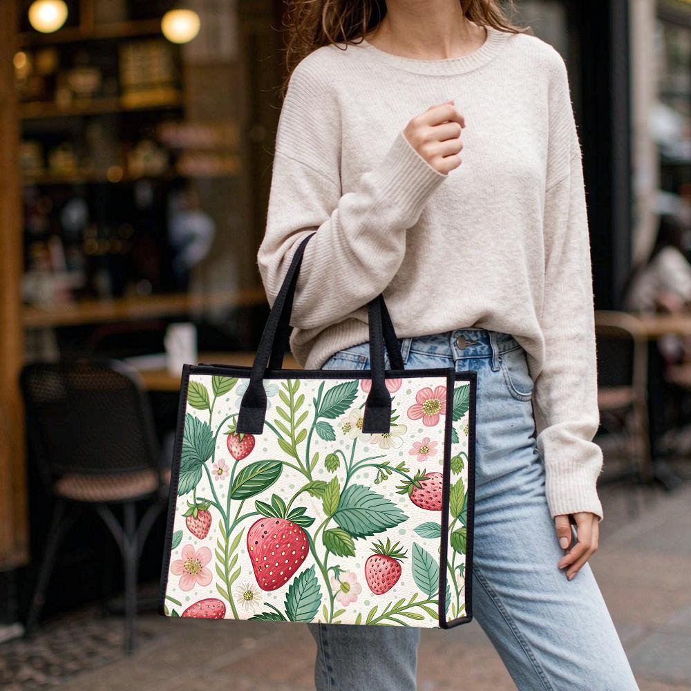 Cute Strawberry Floral Print Tote Bag Casual Large Capacity Shopping Carry Bag for Daily Use