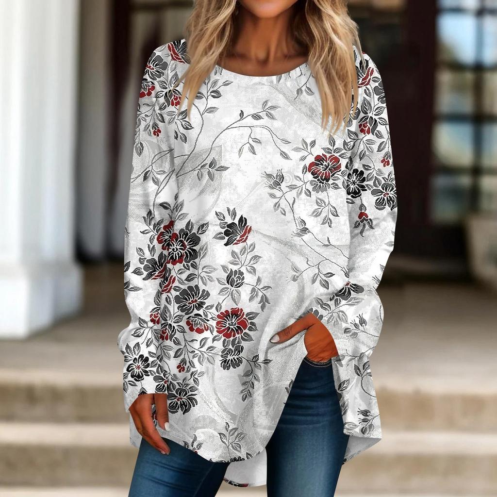 Женская повседневная футболка больших размеров с длинными рукавами и круглым принтом, верхний пуловер
