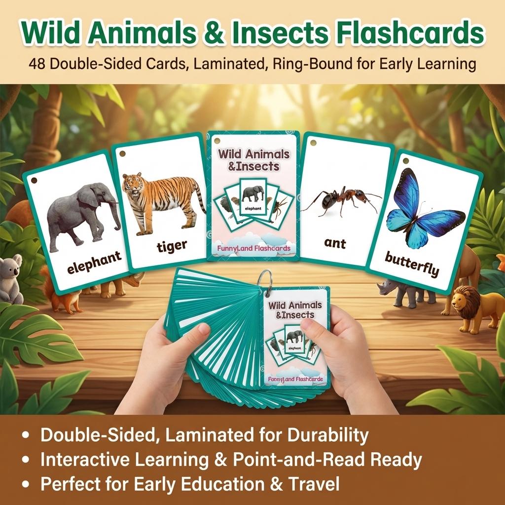 Wildlife Insect Word Flashcards 48Pcs Double-Sided Laminated Point-Reading Early Education Tool for Kids