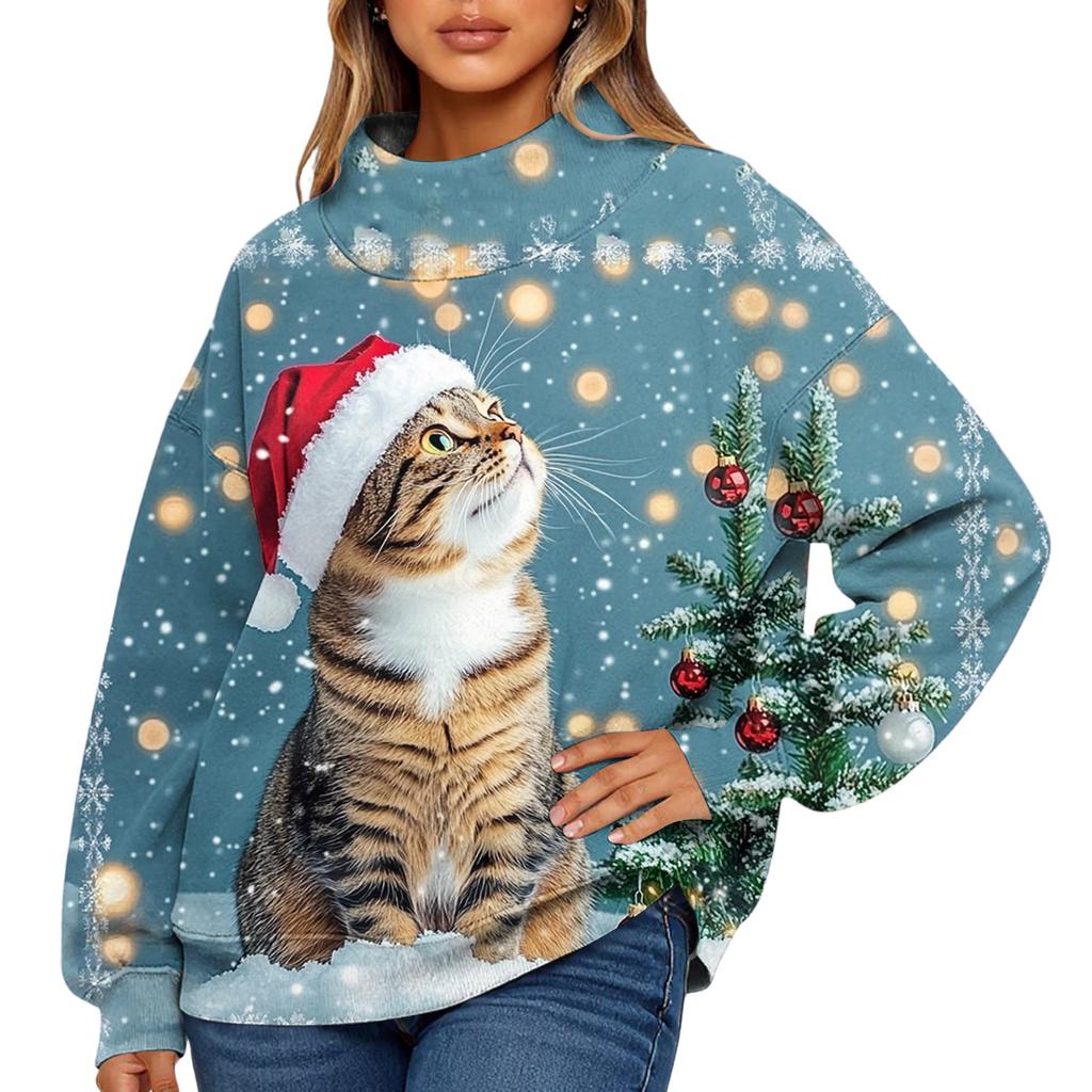 Ladies' Fashionable Christmas Printed Long Sleeved High Neck Sweatshirt Top