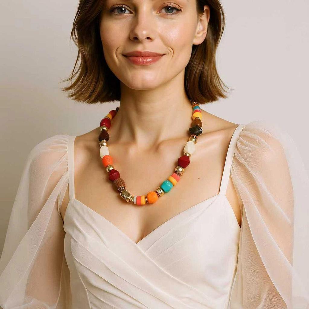 Простое и модное ожерелье на шнурке с геометрическими деревянными бусинами и нарезным цветным женским ожерельем