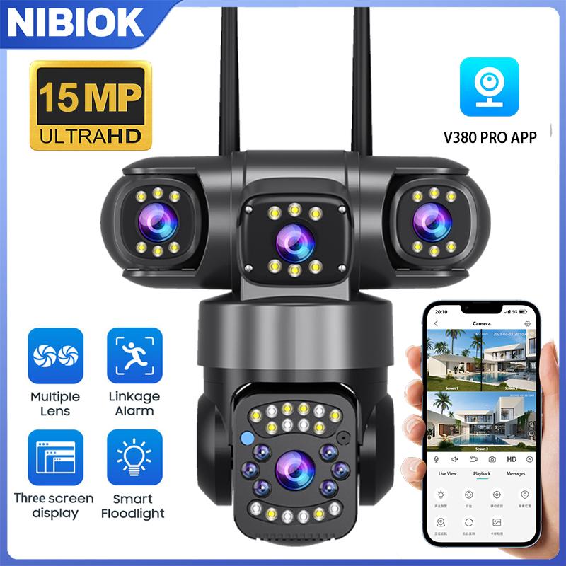 NIBIOK Камера с тремя объективами WIFI HD 15MP, водонепроницаемая наружная камера безопасности, мобильное отслеживание, двусторонняя связь, PTZ, камера V380 PRO