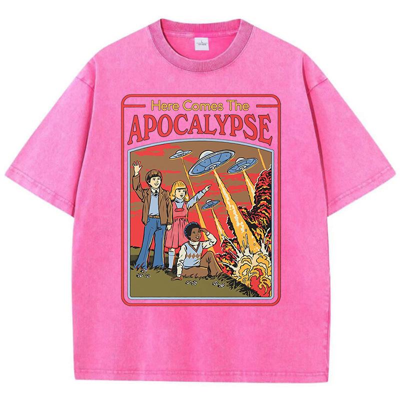 Here Comes The Apocalypse Ufo Washed Retro Мужская одежда Oversize Quality Streetwear Fashion Cotton Tops T Shirt